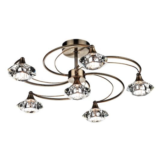 Dar Luther 6 Light Semi Flush Antique Brass Crystal