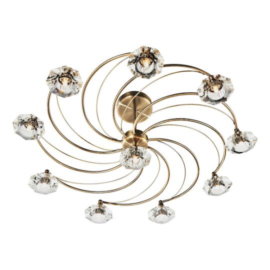 Dar Luther 10 Light Semi Flush Antique Brass Crystal
