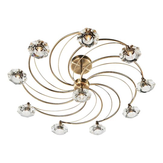 Dar Luther 10 Light Semi Flush Antique Brass Crystal