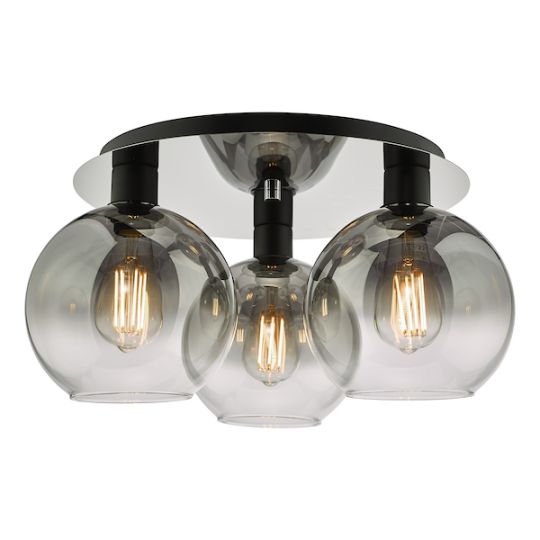 Dar Lycia 3 Light Flush Matt Black Smoked Ombre Glass