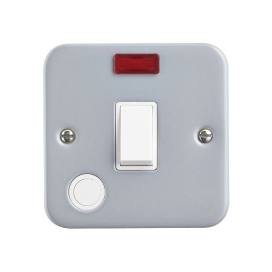 Saxby Metal Clad 20A 1G Dp Switch With Flex Outlet And Neon in Silver Effect Paint
