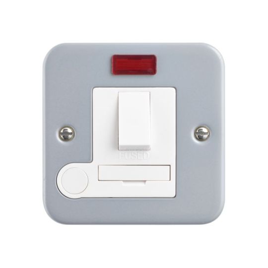 Saxby Metal Clad 13A Switched Fused Spur Unit With Flex Outlet And Neon in Silver Effect Paint