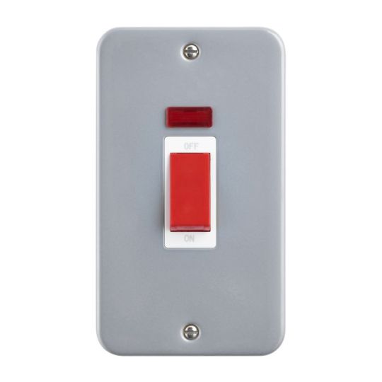 Saxby Metal Clad 45A Large Plate Dp Switch With Neon in Silver Effect Paint