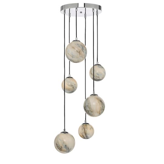 Dar Mikara 6 Light Cluster Pendant Marble Effect Glass & Polished Chrome