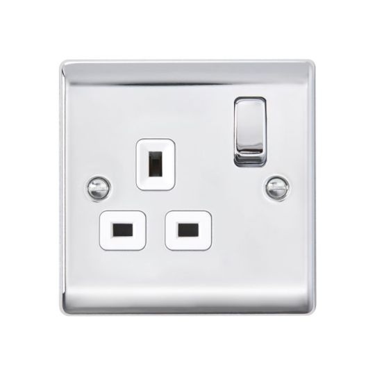 Saxby Raised Screwed 13A 1G Dp Switched Socket - Polished Chrome With White Insert in Chrome Effect Plate