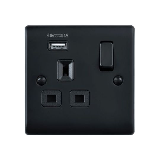 Saxby Raised Screwed 13A 1G Dp Switched Socket With 2.1V Usb - Matt Black With Black Insert in Matt Black