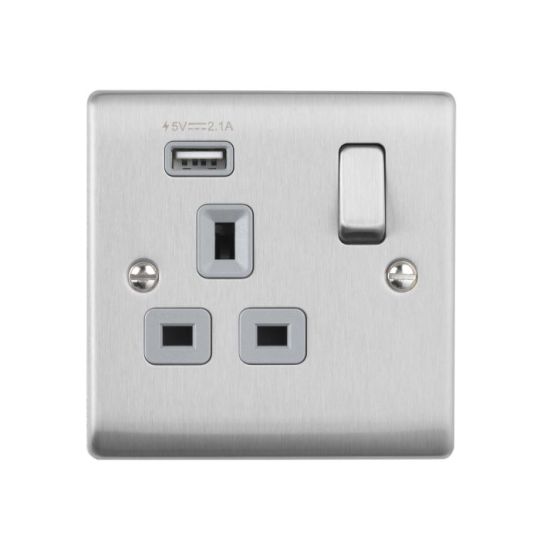 Saxby Raised Screwed 13A 1G Dp Switched Socket With 2.1V Usb - Brushed Steel With Grey Insert in Brushed Steel
