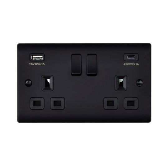 Saxby Raised Screwed 13A 2G Dp Switched Socket With 45W Usb A+C - Matt Black With Black Insert in Matt Black