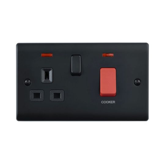 Saxby Raised Screwed 45A Dp Cooker Switch With 13A Socket With Neon - Matt Black With Black Insert in Matt Black