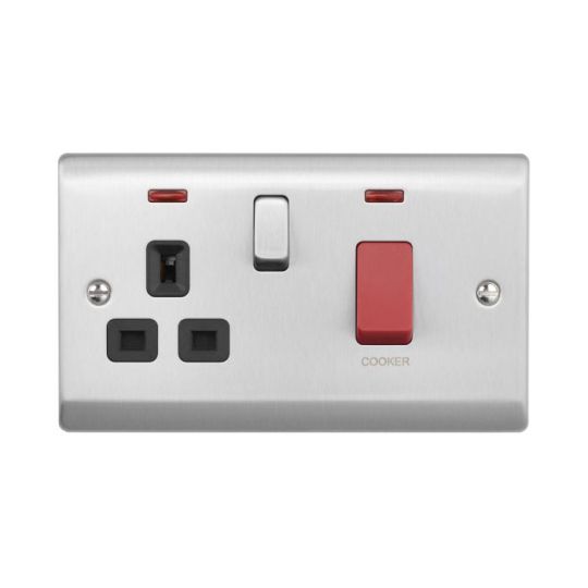 Saxby Raised Screwed 45A Dp Cooker Switch With 13A Socket With Neon - Brushed Steel With Black Insert in Brushed Steel