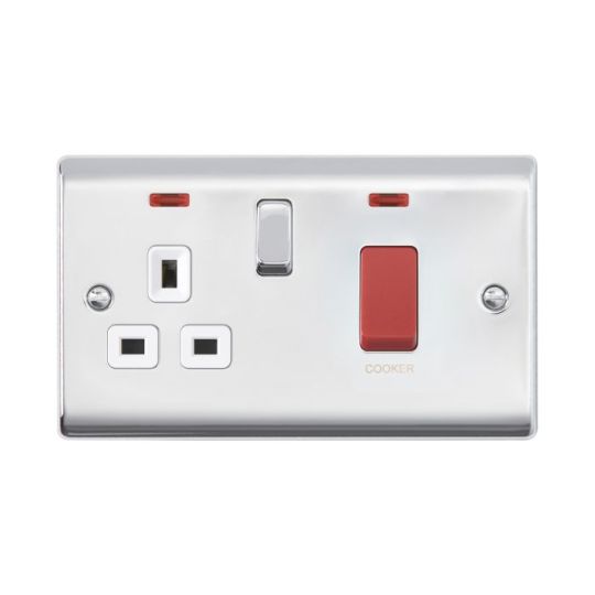 Saxby Raised Screwed 45A Dp Cooker Switch With 13A Socket With Neon - Polished Chrome With White Insert in Chrome Effect Plate