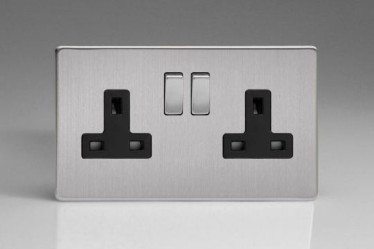 Varilight Brushed Steel 2-Gang 13A Double Pole Switched Socket