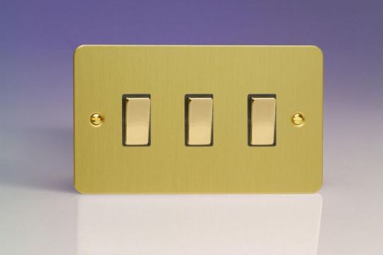 Varilight Brushed Brass 3-Gang 10A 1- or 2-Way Rocker Switch (Twin Plate)