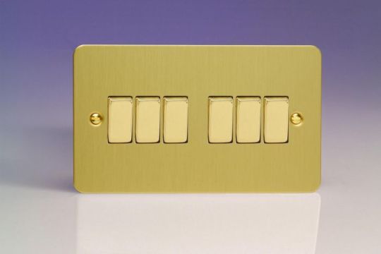 Varilight Brushed Brass 6-Gang 10A 1- or 2-Way Rocker Switch (Twin Plate)