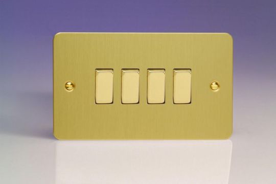 Varilight Brushed Brass 4-Gang 10A 1- or 2-Way Rocker Switch (Twin Plate)