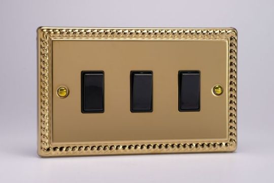 Varilight Georgian Brass 3-Gang 10A 1- or 2-Way Rocker Switch (Twin Plate)