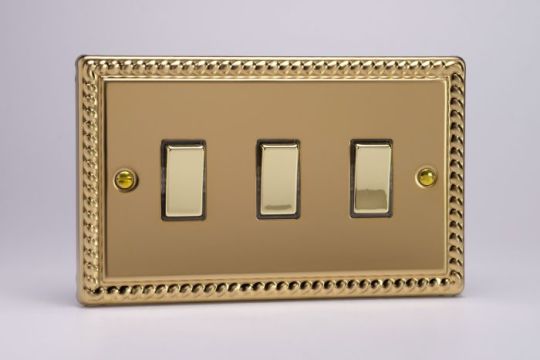 Varilight Georgian Brass 3-Gang 10A 1- or 2-Way Rocker Switch (Twin Plate)
