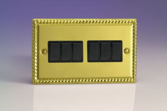Varilight Georgian Brass 6-Gang 10A 1- or 2-Way Rocker Switch (Twin Plate)