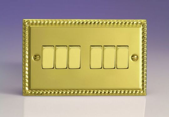 Varilight Georgian Brass 6-Gang 10A 1- or 2-Way Rocker Switch (Twin Plate)