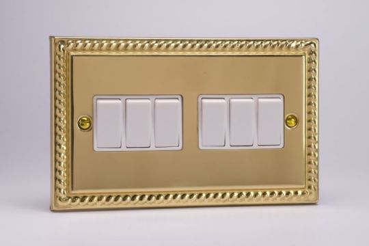 Varilight Georgian Brass 6-Gang 10A 1- or 2-Way Rocker Switch (Twin Plate)