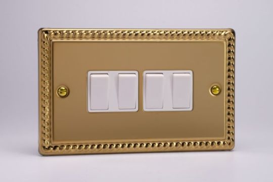 Varilight Georgian Brass 4-Gang 10A 1- or 2-Way Rocker Switch (Twin Plate)
