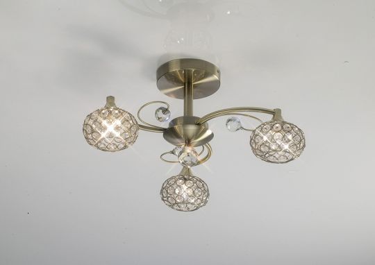 Diyas IL30943 Cara Semi Ceiling 3 Light Antique Brass/Crystal