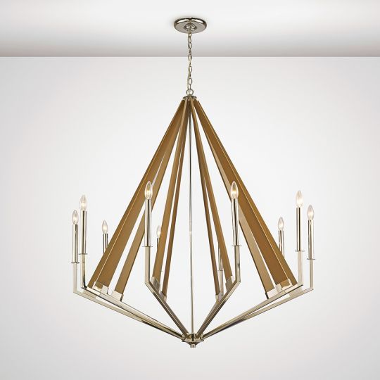 Diyas IL31683 Hilton Decagonal Pendant 10 Light E14 Polished Nickel/Taupe Wood (ITEM REQUIRES ASSEMBLY)