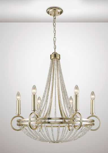Diyas IL31703 Isabella Pendant With Beige Shade 6 Light E14 Antique Silver/Teak Plated/Crystal