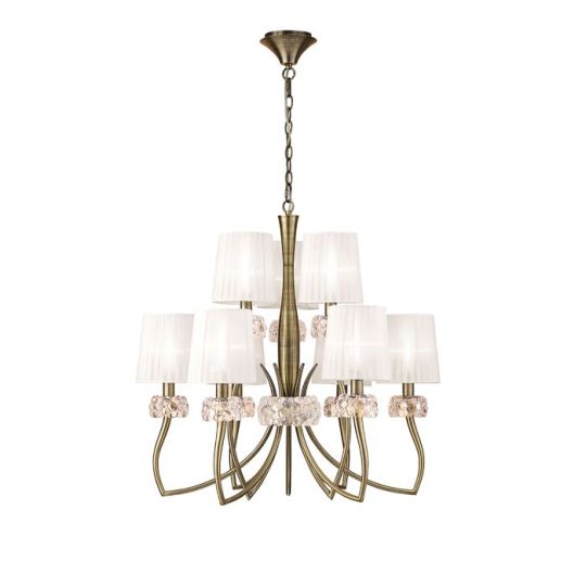 Mantra Loewe 2 Tier Pendant 6+3 Light E14 Antique Brass With White Shades