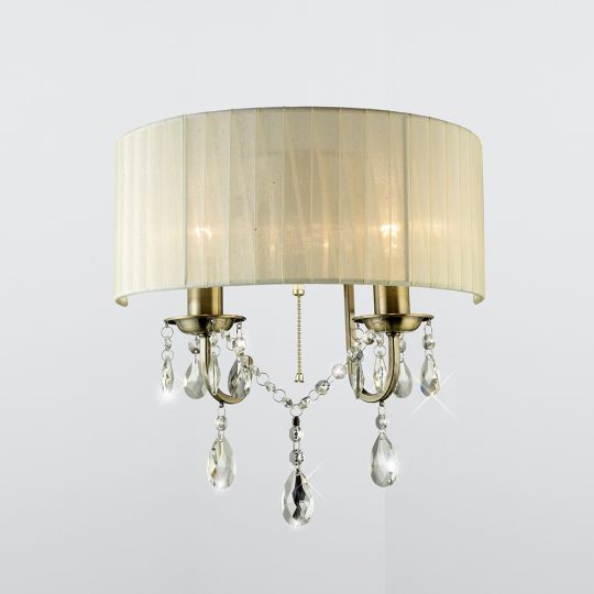 Diyas IL30064 Olivia Wall Lamp Switched With Ivory Cream Shade 2 Light Antique Brass/Crystal