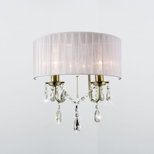 Diyas IL30064 Olivia Wall Lamp Switched With White Shade 2 Light Antique Brass/Crystal
