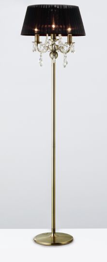 Diyas IL30066 Olivia Floor Lamp With Black Shade 3 Light Antique Brass/Crystal
