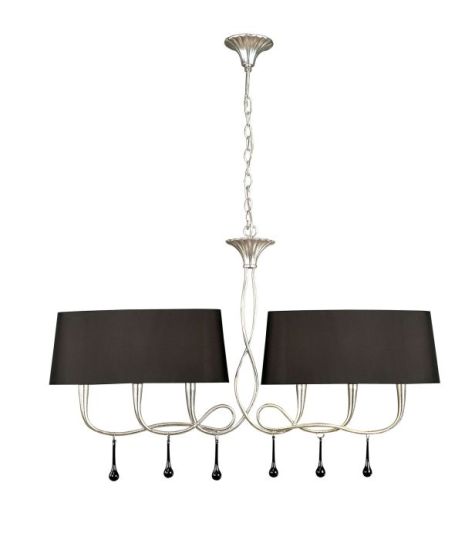 Mantra Paola Linear Pendant 2 Arm 6 Light E14 Silver Painted With Black Shades & Black Glass Droplets