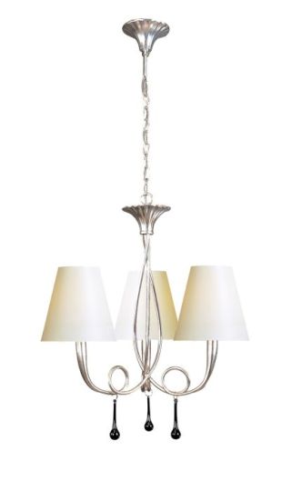 Mantra Paola Pendant 3 Light E14 Silver Painted With Cream Shades & Black Glass Droplets