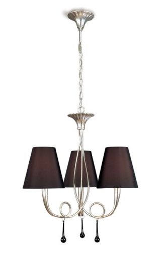 Mantra Paola Pendant 3 Light E14 Silver Painted With Black Shades & Black Glass Droplets