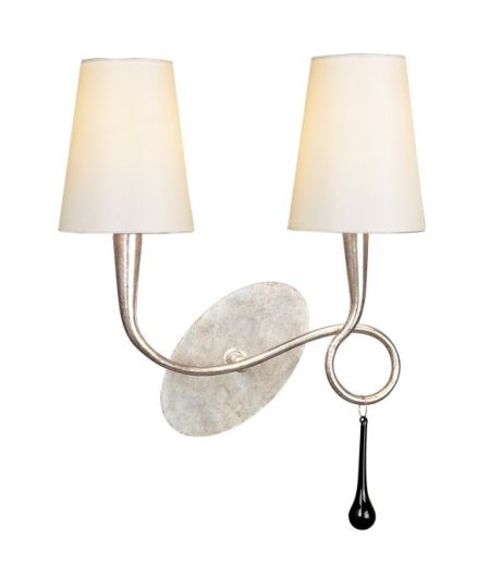 Mantra Paola Wall Lamp Switched 2 Light E14 Silver Painted With Cream Shades & Black Glass Droplets