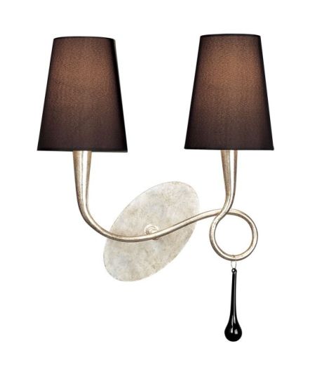 Mantra Paola Wall Lamp Switched 2 Light E14 Silver Painted With Black Shades & Black Glass Droplets