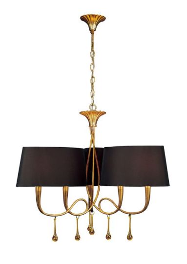 Mantra Paola Pendant 3 Arm 6 Light E14 Gold Painted With Black Shades & Amber Glass Droplets