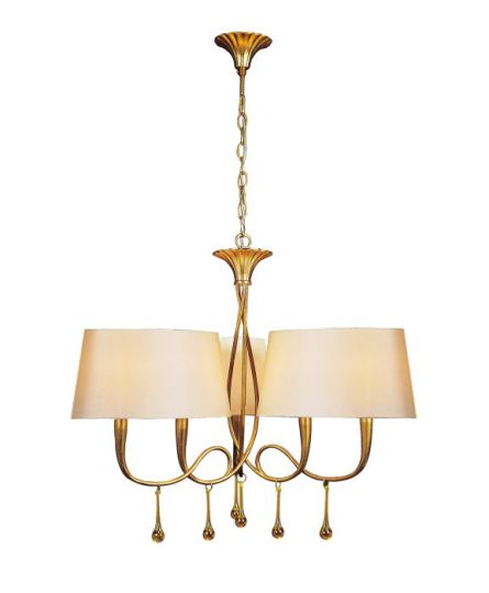 Mantra Paola Pendant 3 Arm 6 Light E14 Gold Painted With Cream Shades & Amber Glass Droplets