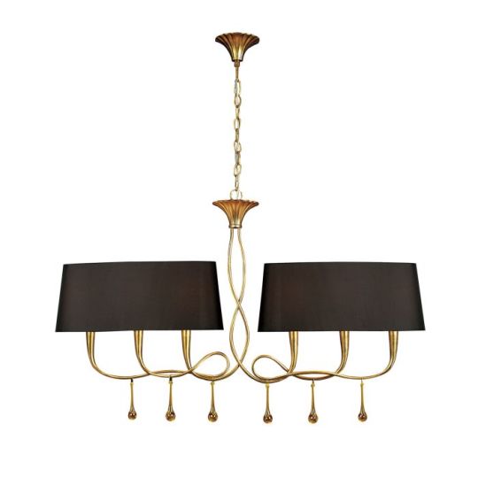Mantra Paola Linear Pendant 2 Arm 6 Light E14 Gold Painted With Black Shades & Amber Glass Droplets