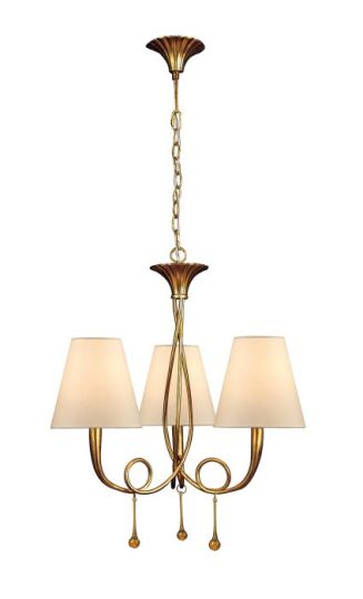 Mantra Paola Pendant 3 Light E14 Gold Painted With Cream Shades & Amber Glass Droplets