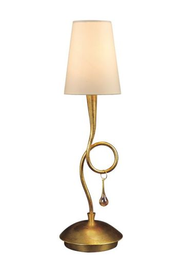 Mantra Paola Table Lamp 1 Light E14 Gold Painted With Cream Shade & Amber Glass Droplets