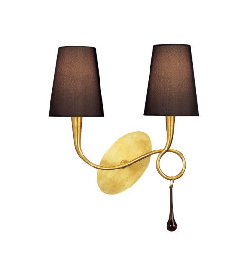 Mantra Paola Wall Lamp Switched 2 Light E14 Gold Painted With Black Shades & Amber Glass Droplets