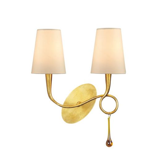 Mantra Paola Wall Lamp Switched 2 Light E14 Gold Painted With Cream Shades & Amber Glass Droplets