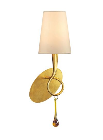 Mantra Paola Wall Lamp Switched 1 Light E14 Gold Painted With Cream Shade & Amber Glass Droplets