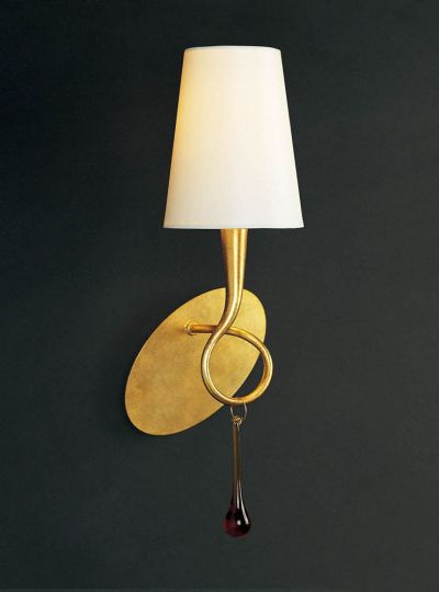 Mantra M0548/S Paola Wall Lamp Switched 1 Light E14 Gold Painted With Cream Shade & Amber Glass Droplets