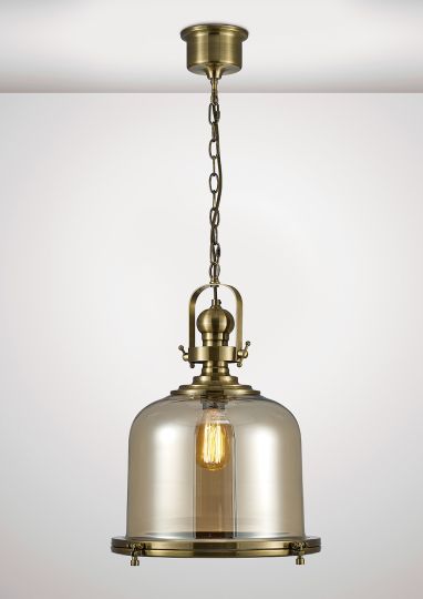 Diyas IL31595 Riley Single Large Bell Pendant 1 Light E27 Antique Brass/Cognac Glass