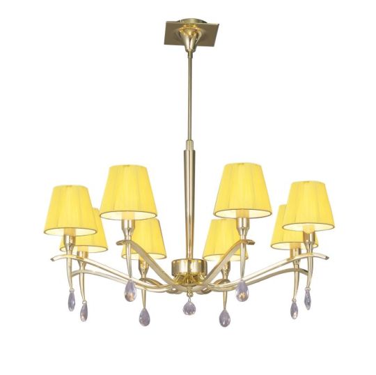 Mantra Siena Pendant Round 8 Light E14 Polished Brass With Amber Cream Shades And Clear Crystal