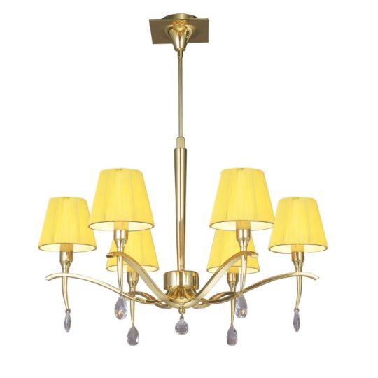 Mantra Siena Pendant Round 6 Light E14 Polished Brass With Amber Cream Shades And Clear Crystal