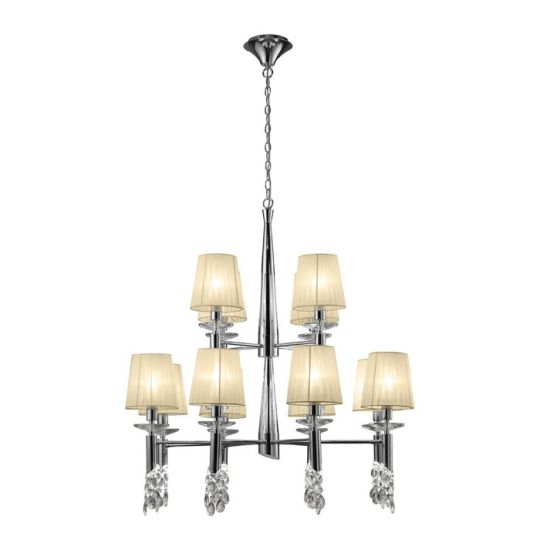 Mantra Tiffany Pendant 2 Tier 12+12 Light E14+G9 Polished Chrome With Cream Shades & Clear Crystal